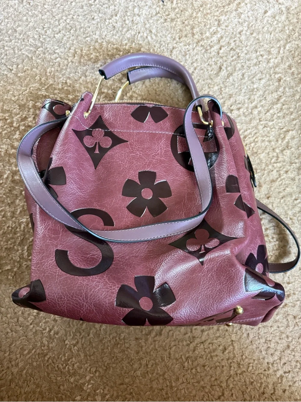 Source Unknown Mauve Shoulder Tote with Dark Brown Floral Motif